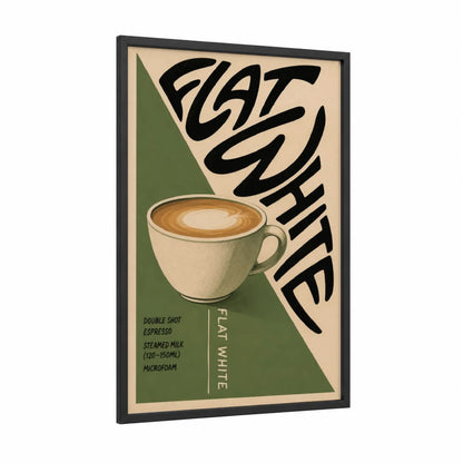 Flat White Coffee Vintage Poster Wall Art framed art print — black wood frame — beige and olive palette