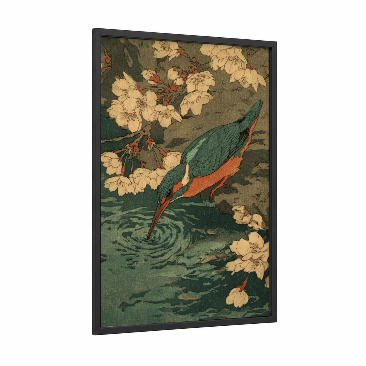 Kingfisher Fishing framed art print — black wood frame — sage green and cream palette
