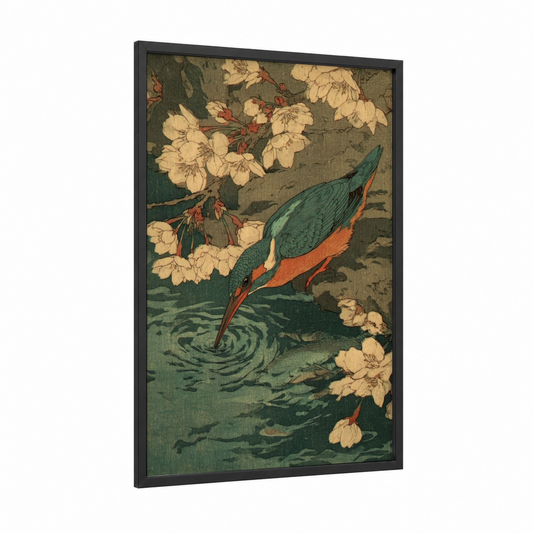 Kingfisher Fishing framed art print — black wood frame — sage green and cream palette