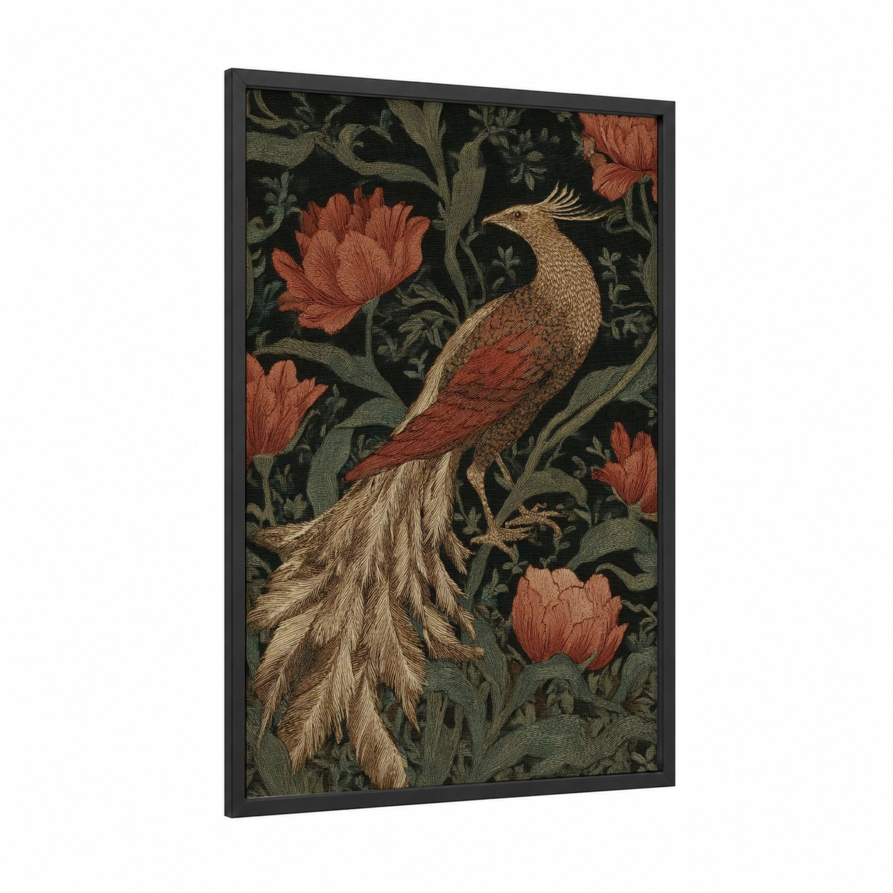 Ornamental Phoenix framed art print — black wood frame — black palette