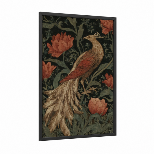 Ornamental Phoenix framed art print — black wood frame — black palette