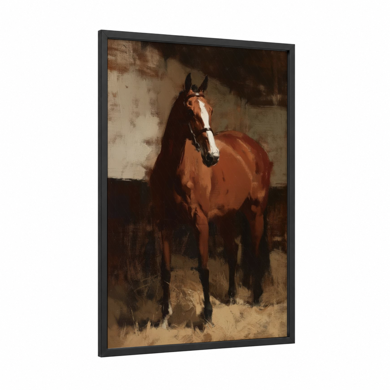 Chestnut Thoroughbred framed thoroughbred horse print — black wood frame — brown and cream palette