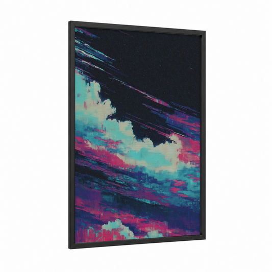 Glitch Nebula framed art print — black wood frame — magenta and turquoise palette