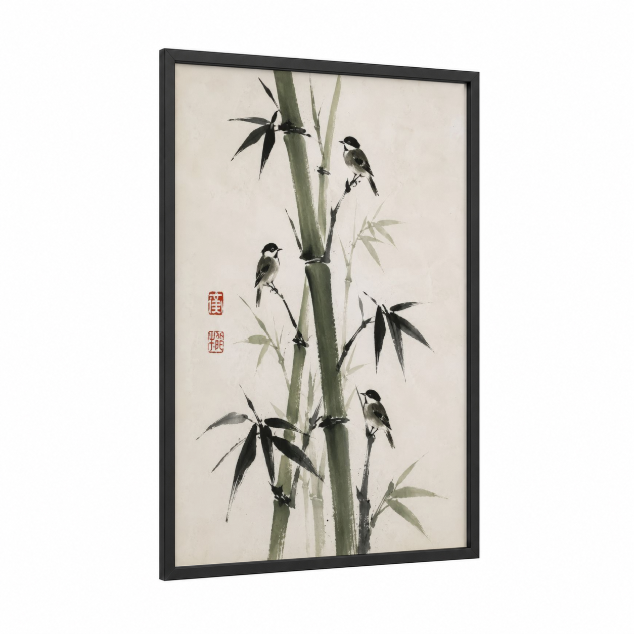 Japanese Bamboo And Birds Wall Art framed art print — black wood frame — black and white and sage green palette