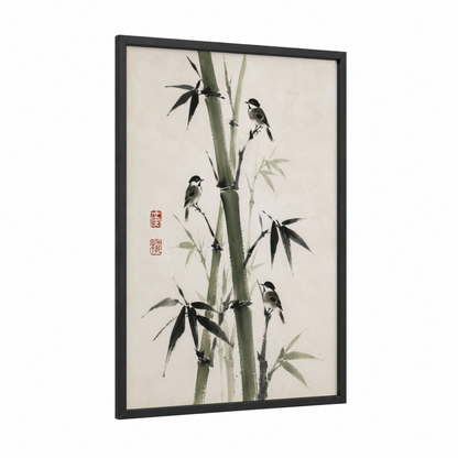 Japanese Bamboo And Birds Wall Art framed art print — black wood frame — black and white and sage green palette