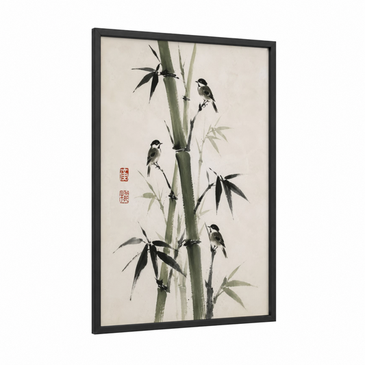 Japanese Bamboo And Birds Wall Art framed art print — black wood frame — black and white and sage green palette
