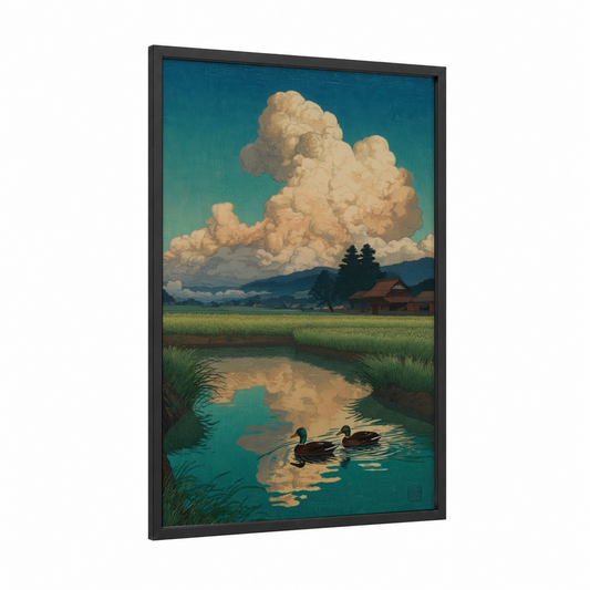 Pastoral Duck Pond framed ducks print — black wood frame — teal and cream palette