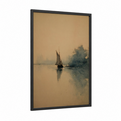 Misty Sailing Ship framed art print — black wood frame — beige and dove gray palette