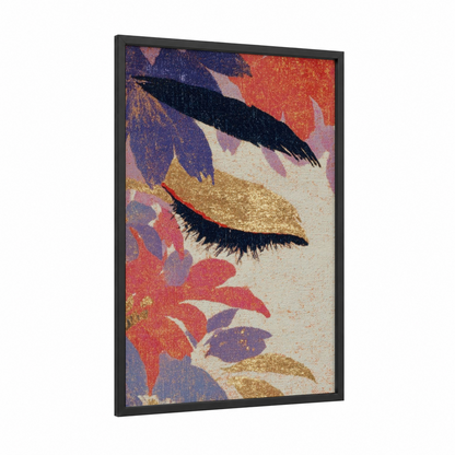 Golden Glam Eye framed make up print — black wood frame — gold and magenta palette