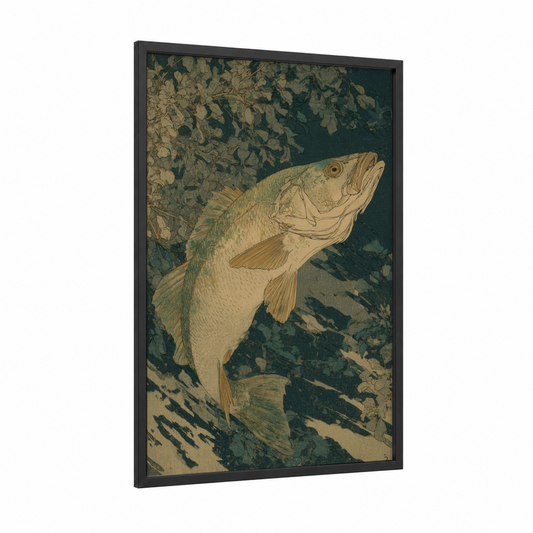 Golden Snook framed art print — black wood frame — gold and teal palette