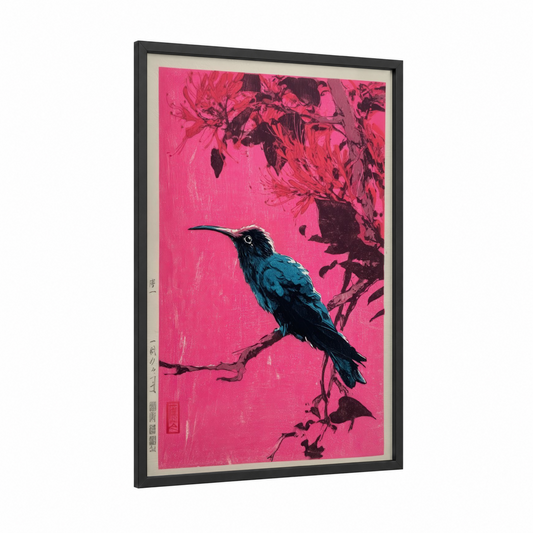 Neon Hummingbird framed art print — black wood frame — magenta and teal palette