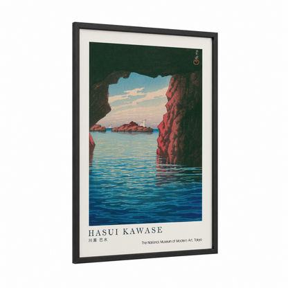 Coastal Cave View framed cliff print — black wood frame — blue and russet palette