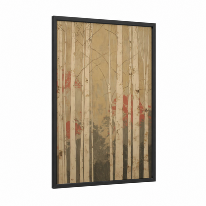 Autumn Birch Forest framed art print — black wood frame — beige and russet palette