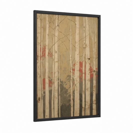 Autumn Birch Forest framed art print — black wood frame — beige and russet palette