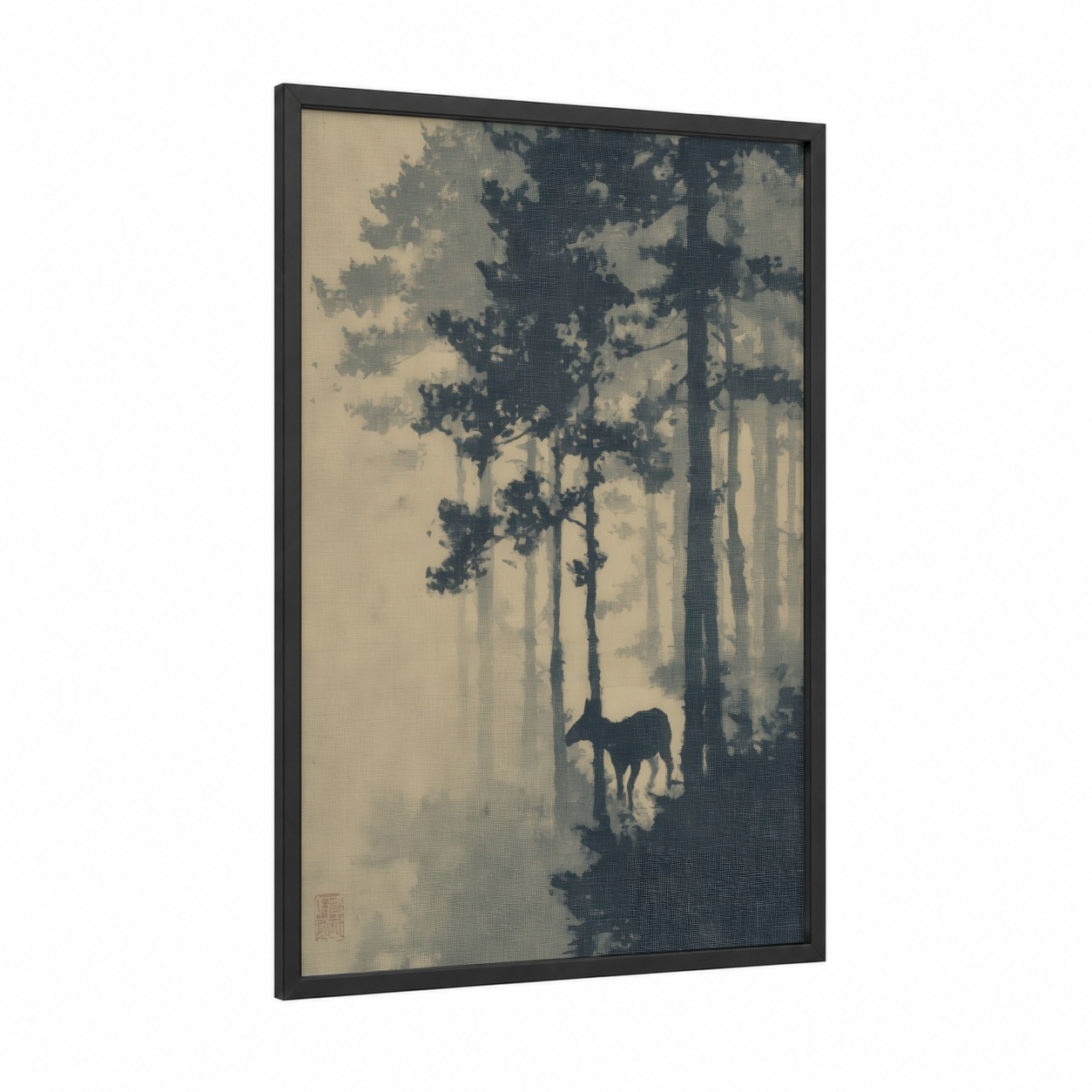 Forest Mule framed art print — black wood frame — gray and black and white palette
