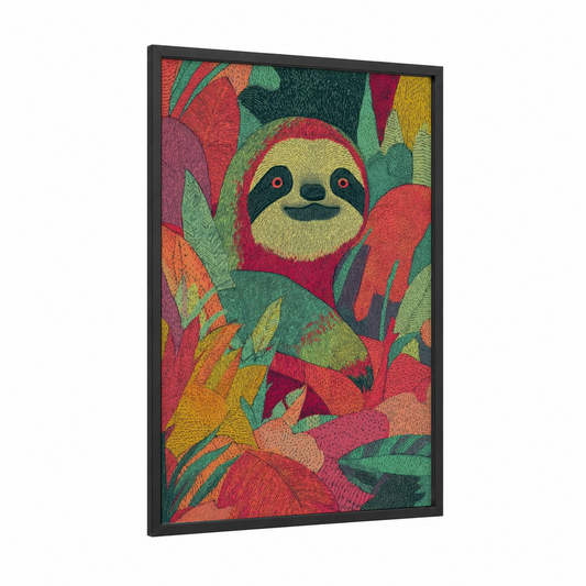 Smiling Sloth framed art print — black wood frame — red and green palette