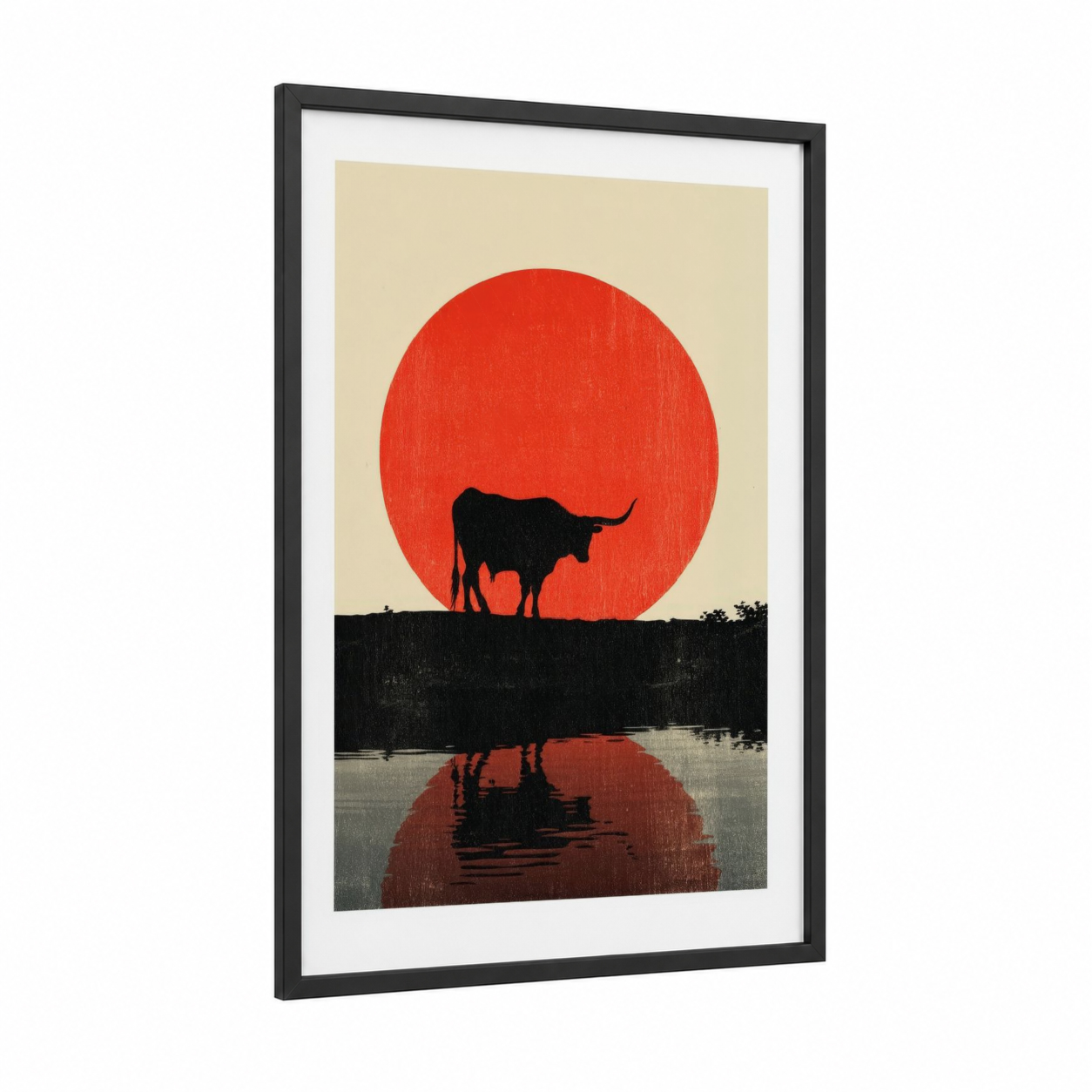 Sunset Longhorn framed longhorn cow print — black wood frame — red and black and white palette