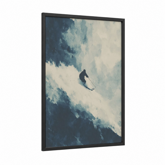 Alpine Descent framed skiing print — black wood frame — blue and white and gray palette