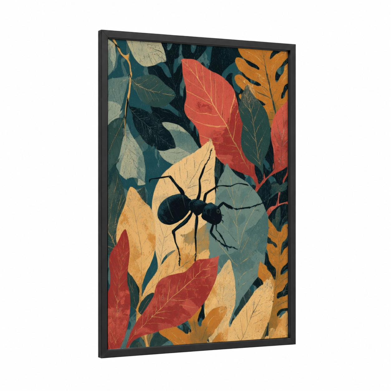 Autumn Ant framed art print — black wood frame — gold and teal palette