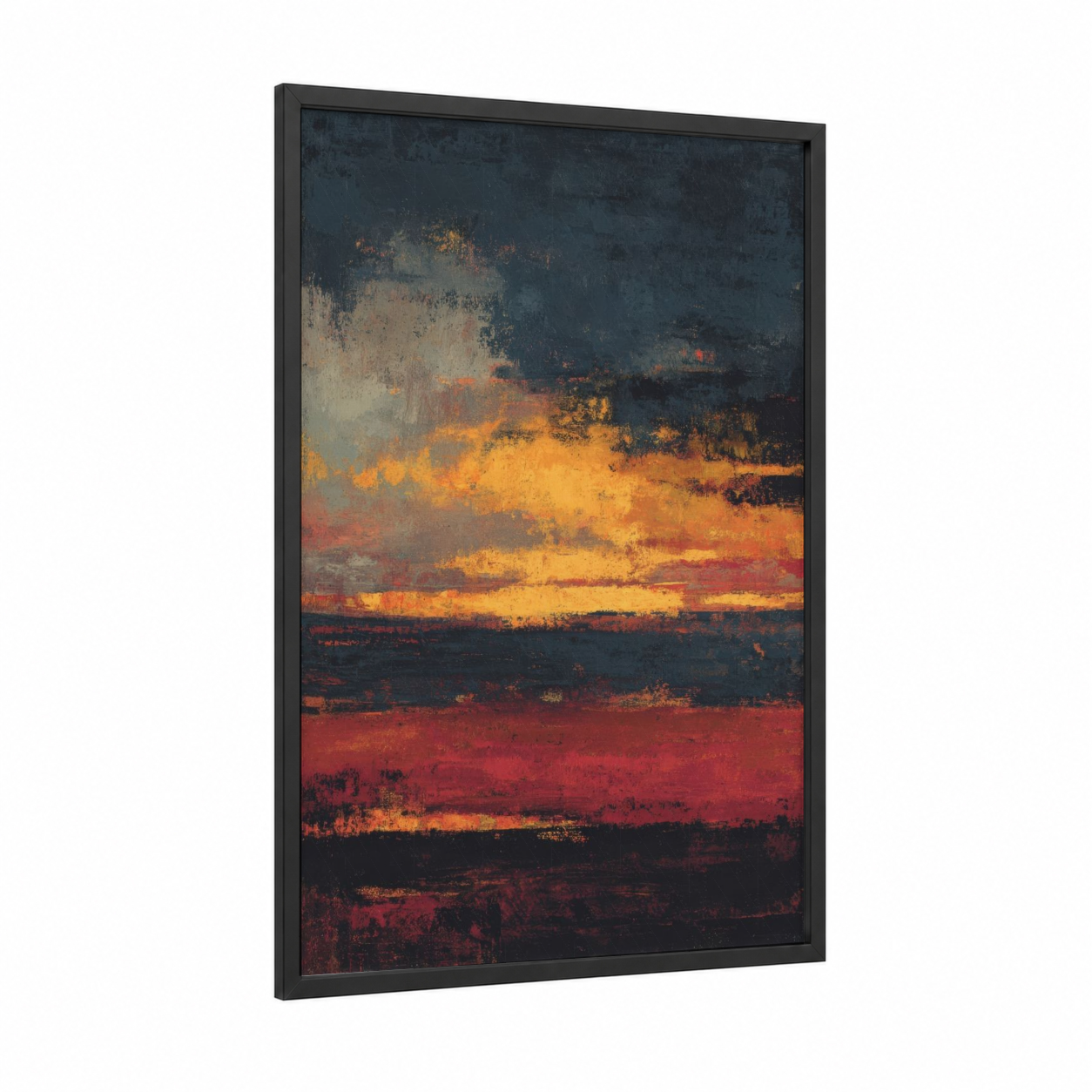Crimson Sunset Horizon framed art print — black wood frame — orange and dark blue palette