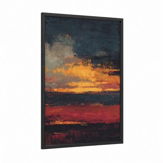 Crimson Sunset Horizon framed art print — black wood frame — orange and dark blue palette