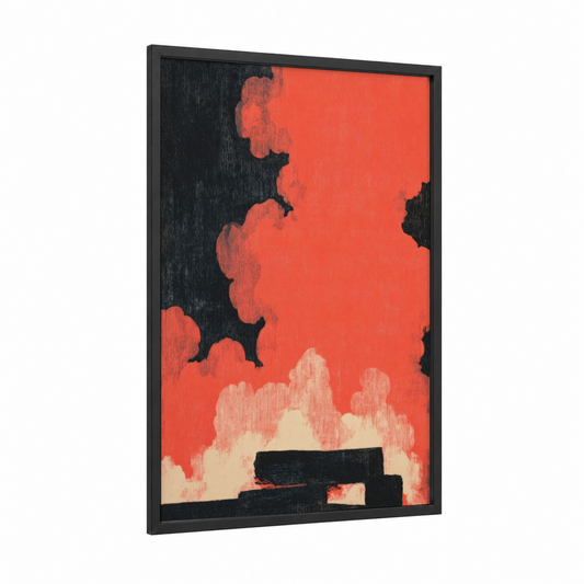 Crimson Fireplace framed art print — black wood frame — red and black palette