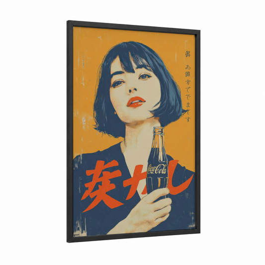 Retro Soft Drink framed vintage japanese ads print — black wood frame — gold palette