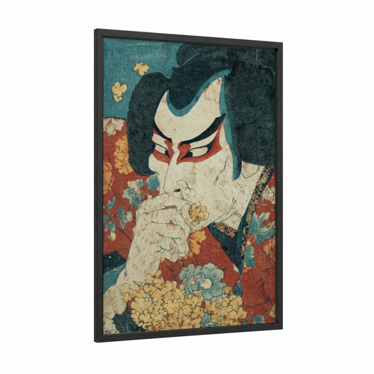 Kabuki Popcorn framed art print — black wood frame — teal and red palette