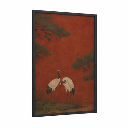 Japanese Crane Pair in Misty Pine Forest Wall Art framed art print — black wood frame — red and beige palette