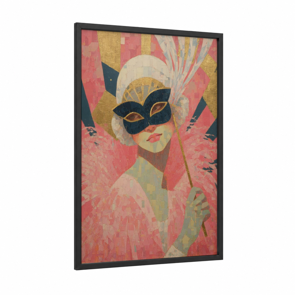 Masked Reveler framed mardi gras print — black wood frame — gold and magenta palette