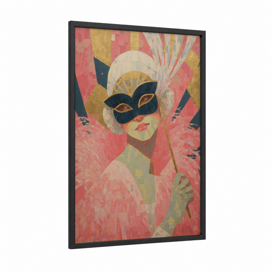 Masked Reveler framed mardi gras print — black wood frame — gold and magenta palette