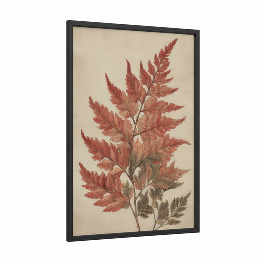 Autumn Fern Branch framed leaf print — black wood frame — russet and peach palette
