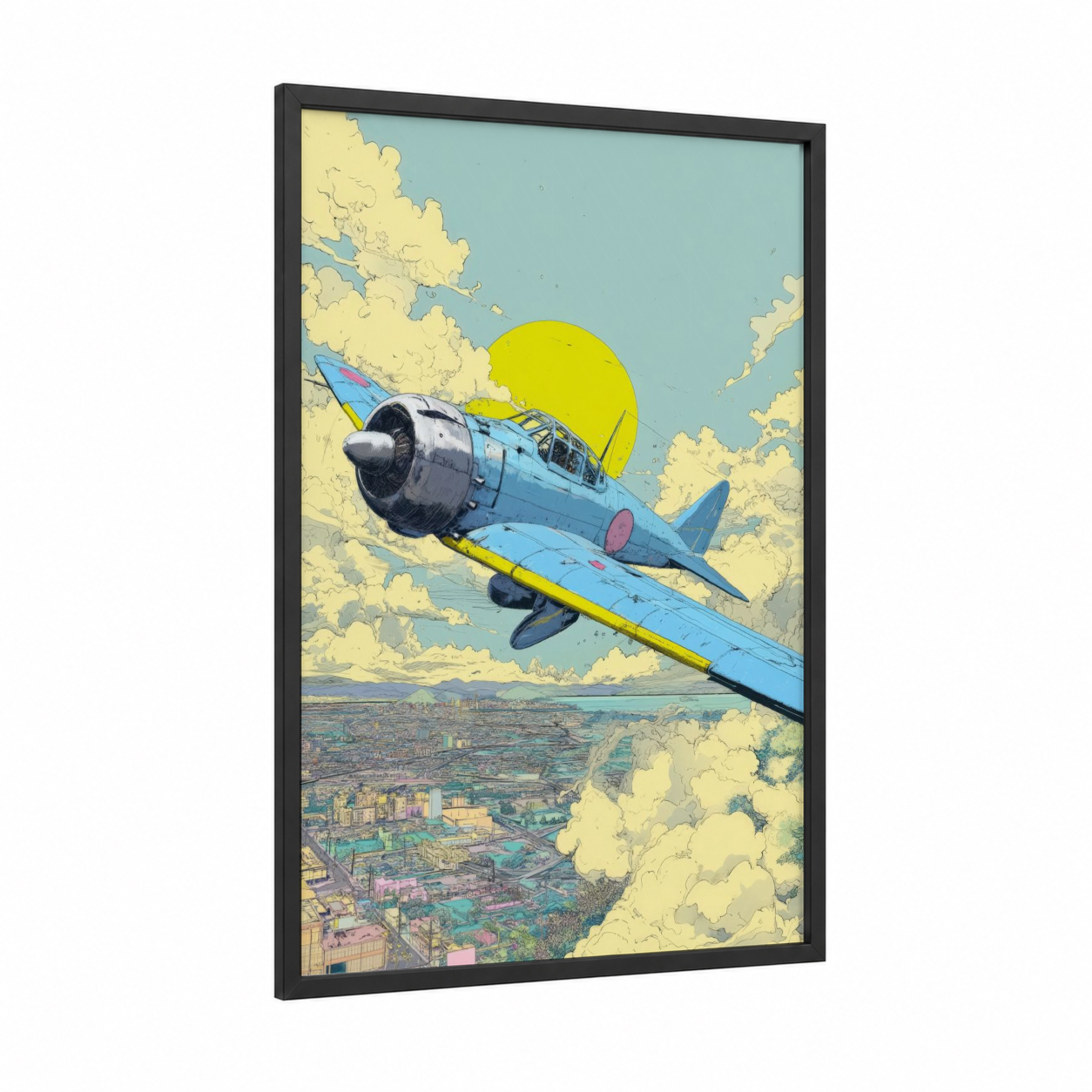Vintage Sunrise Plane framed vintage airplane print — black wood frame — blue and yellow gold palette