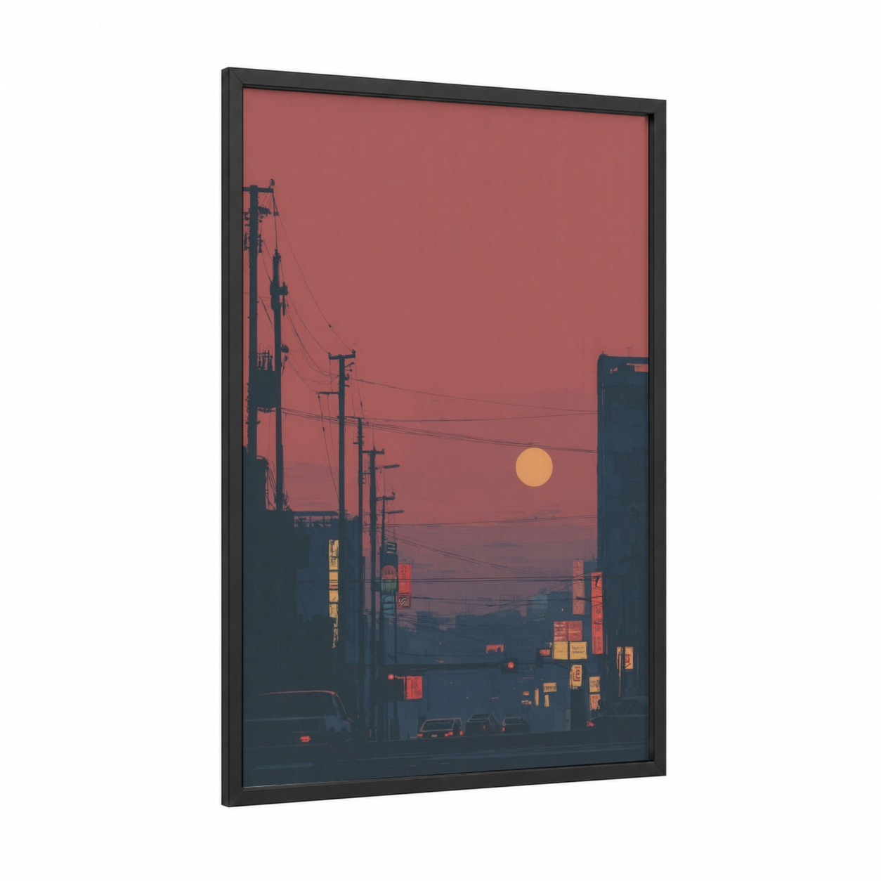 Urban Sunset framed art print — black wood frame — salmon pink and dark blue palette