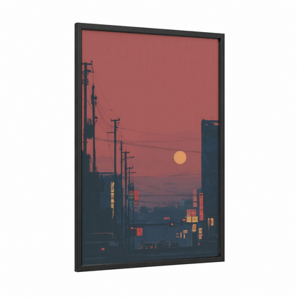 Urban Sunset framed art print — black wood frame — salmon pink and dark blue palette