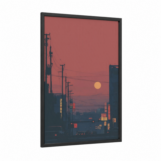 Urban Sunset framed art print — black wood frame — salmon pink and dark blue palette