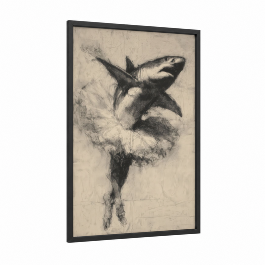 Leaping Bull Shark framed art print — black wood frame — black and white and gray palette