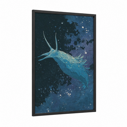 Luminous Nudibranch framed art print — black wood frame — blue and purple palette