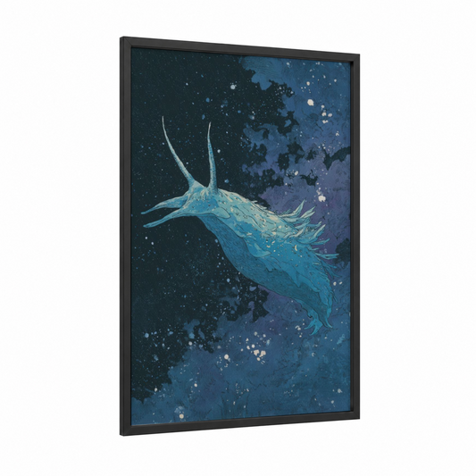 Luminous Nudibranch framed art print — black wood frame — blue and purple palette