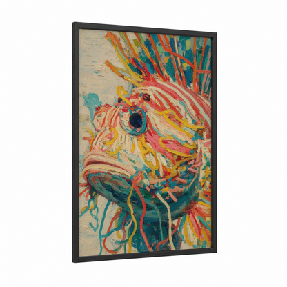 Vibrant Lionfish framed art print — black wood frame — red and gold palette