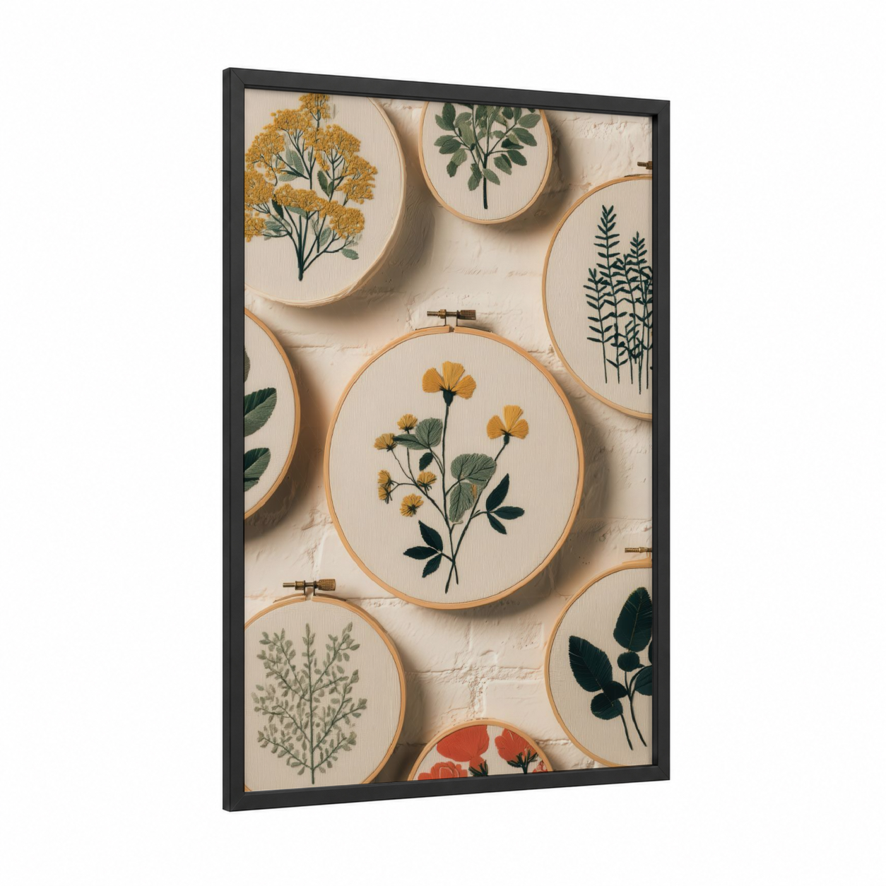 Botanical Embroidery framed knitting and sewing print — black wood frame — cream and dark green palette