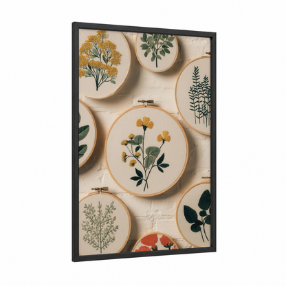 Botanical Embroidery framed knitting and sewing print — black wood frame — cream and dark green palette