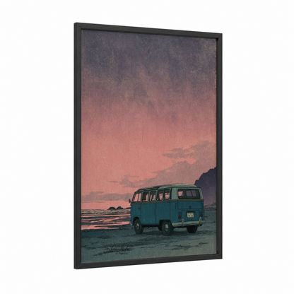 Coastal Van Sunset framed art print — black wood frame — salmon pink and teal palette