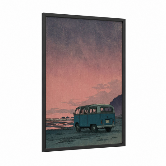 Coastal Van Sunset framed art print — black wood frame — salmon pink and teal palette