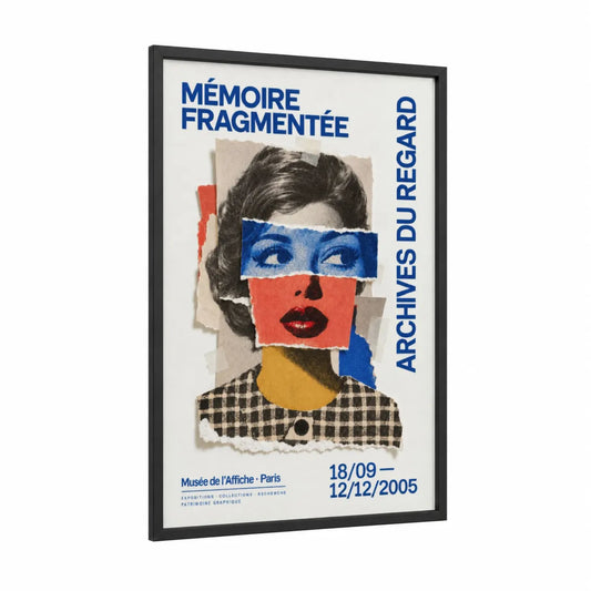 Vintage Fashion Collage Wall Art framed fashion illustration print — black wood frame — blue and red palette