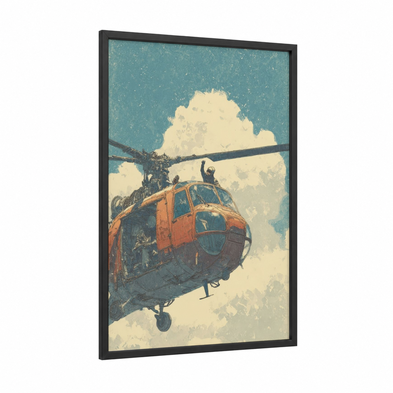 Vintage Rescue Helicopter framed art print — black wood frame — teal and cream palette