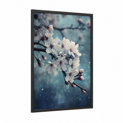 Snowy Blossoms framed cherry blossoms print — black wood frame — blue and white and teal palette