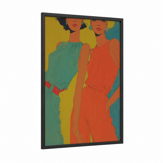 Retro Fashion Duo framed art print — black wood frame — gold and teal palette