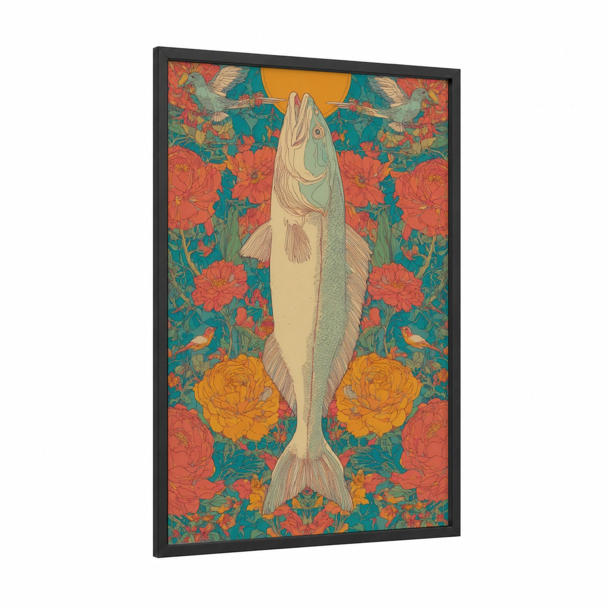 Golden Snook framed art print — black wood frame — teal and orange palette