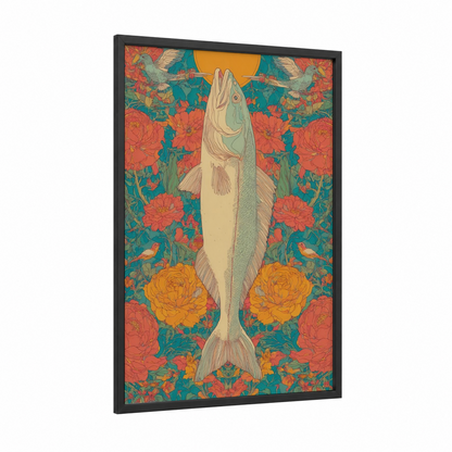 Golden Snook framed art print — black wood frame — teal and orange palette